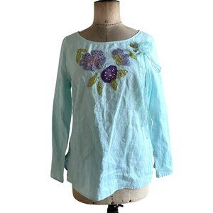 Edward Women Irish Linen Blouse Sequin Embroidered Women's M Blue Long Sleeves R